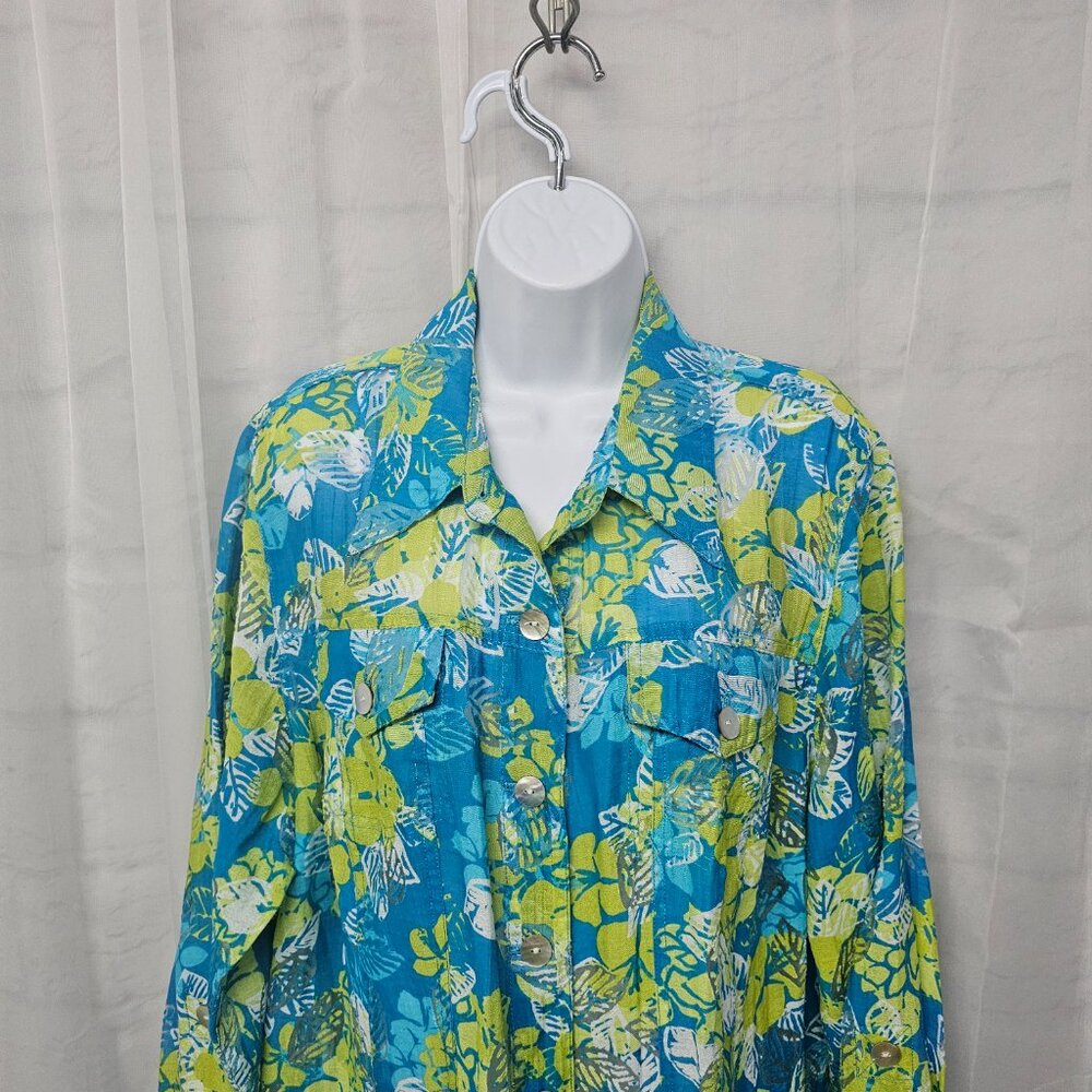 Ruby Rd Blue Green Tropical Button Down Shirt Rol… - image 2